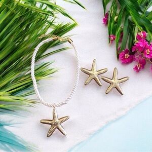 Golden Boho Mermaid Starfish Rope Nautical Statement Necklace & Earring Set